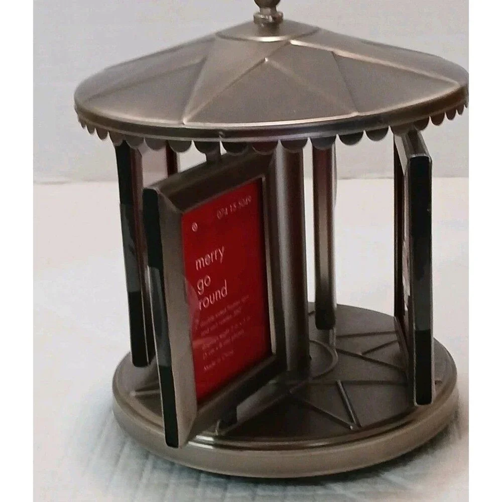 VTG Merry Go Round Double Sided Frame Spin & Unit 360° 2×3 Photos Metal Pewter